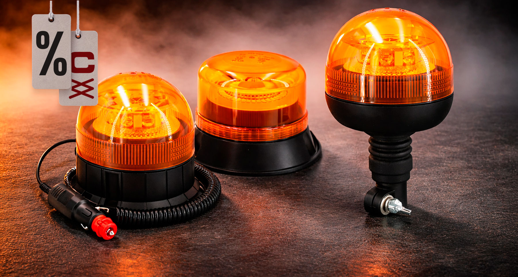 Tres rotativos luminosos LED de color naranja para maquinaria, con etiqueta de descuento.